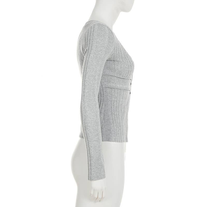 SOLID COLOR BASIC KNIT BUTTON SLIT SLIM T-SHIRT