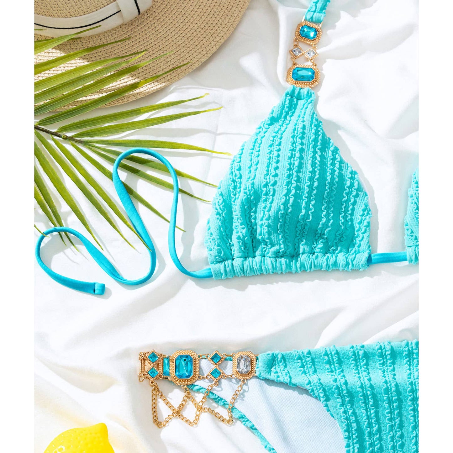 Lake Blue Bikini Set - Women Rhinestone Swimsuit _CWMW0697