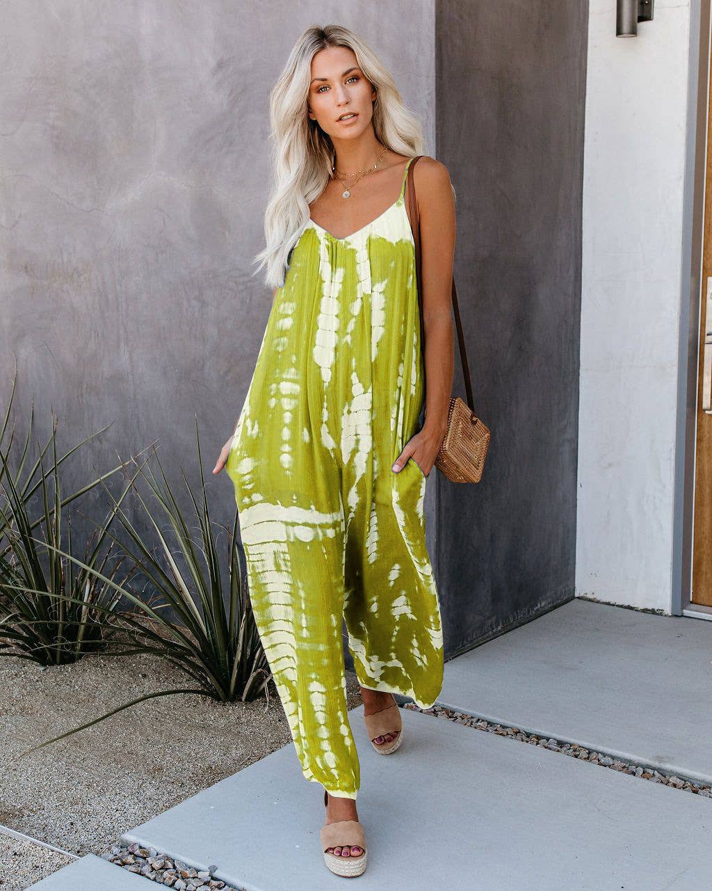 Abstract printed strappy sexy wide-leg jumpsuit
