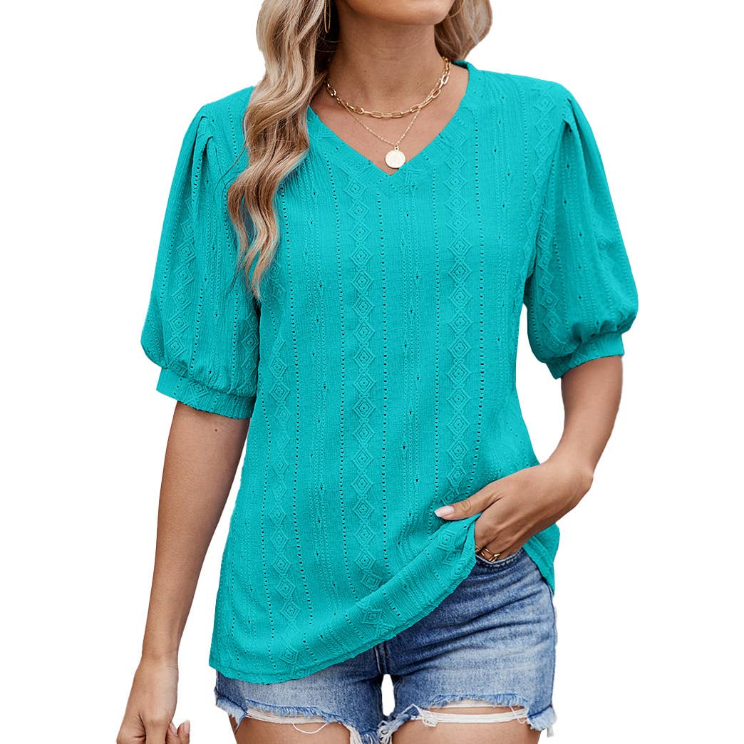 Solid color V-neck cutout puffy sleeve T-shirt