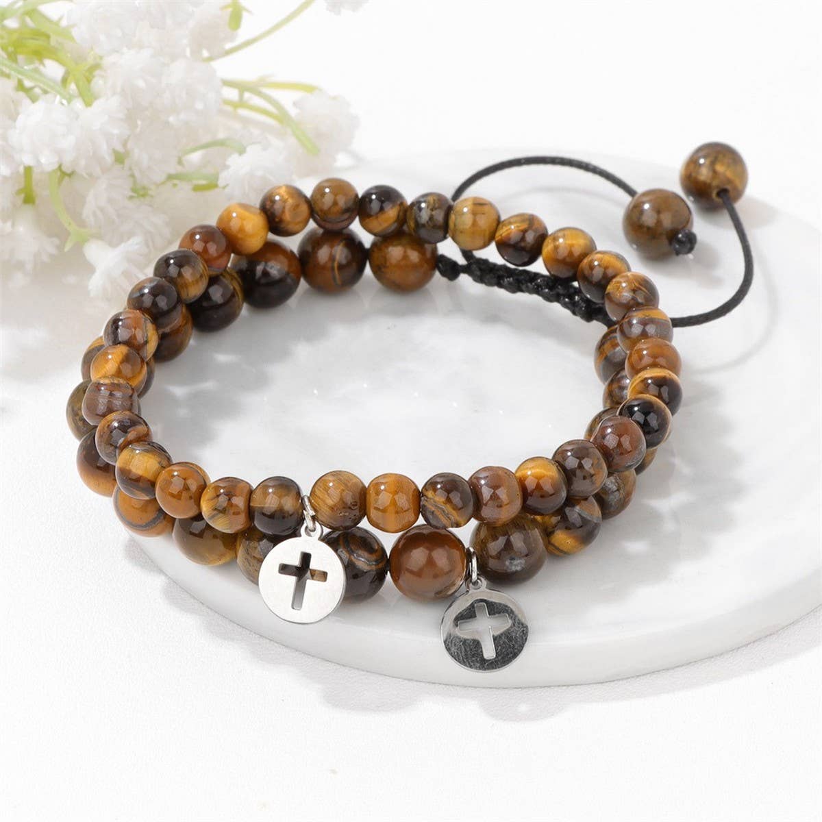 CROSS TIGER EYE DOUBLE LAYER BRACELET
