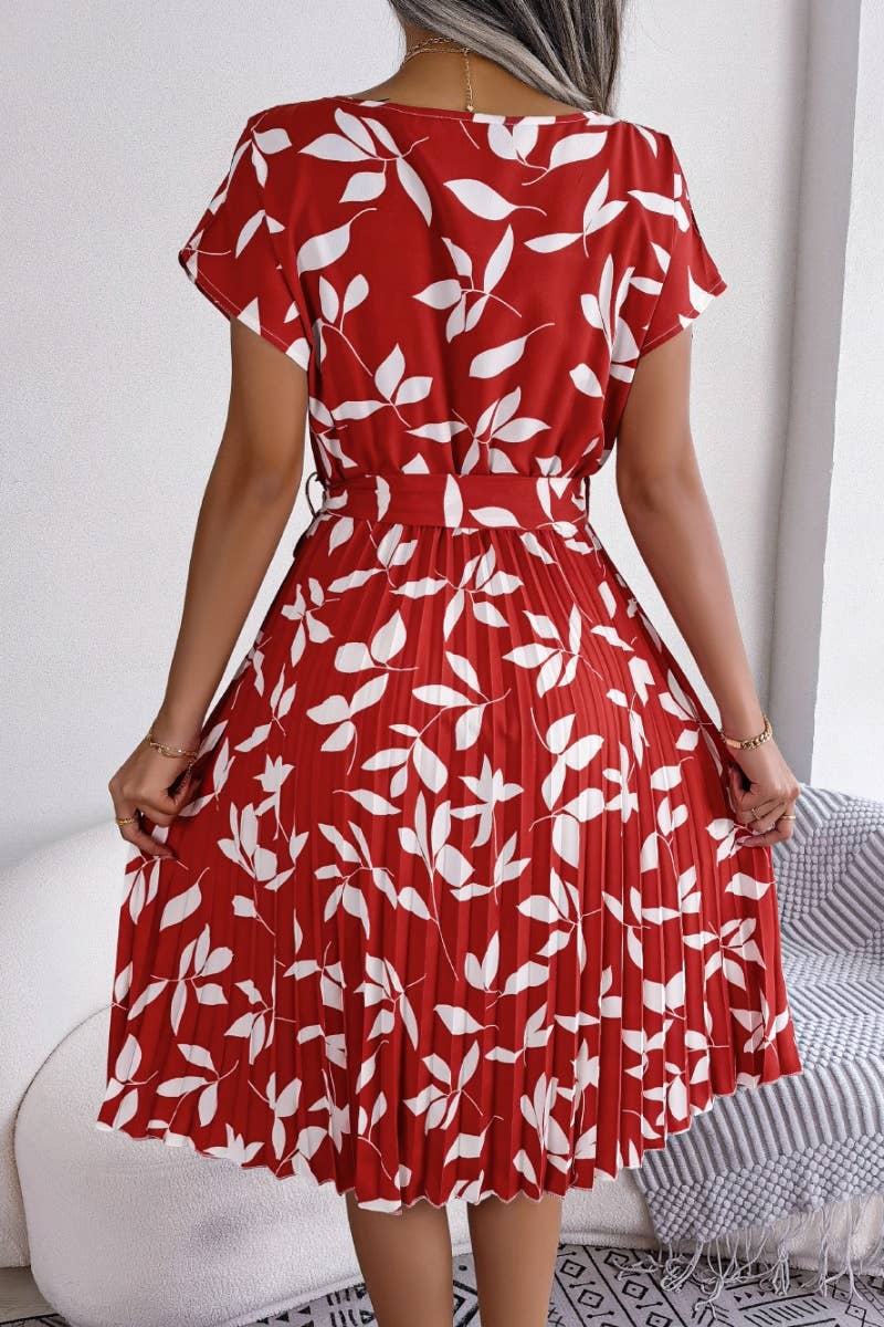CWDMD2652_LEAF SHORT SLEEVE PLEATED DRESS WITH LARGE SWING
