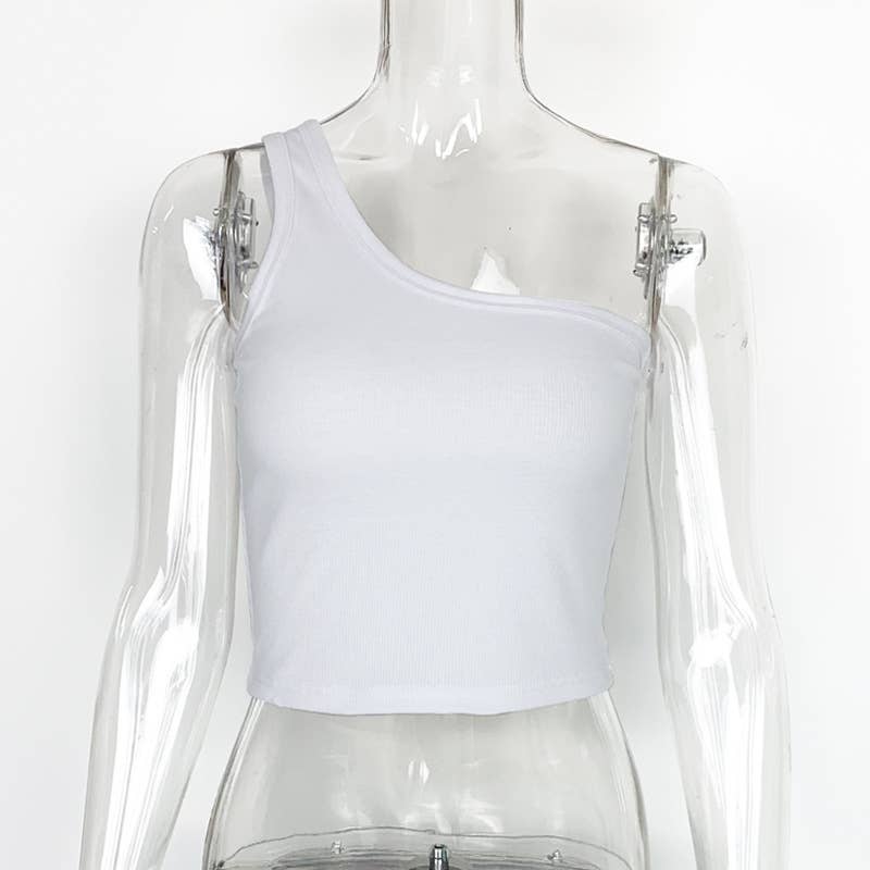 TRIM RIBBED TREND ONE-SHOULDER TANK TOP