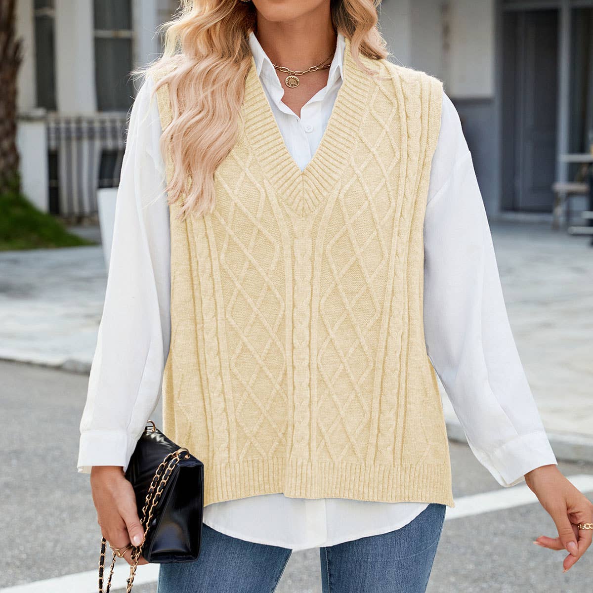 V-NECK LOOSE OUTSIDE VEST SOLID COLOR VEST