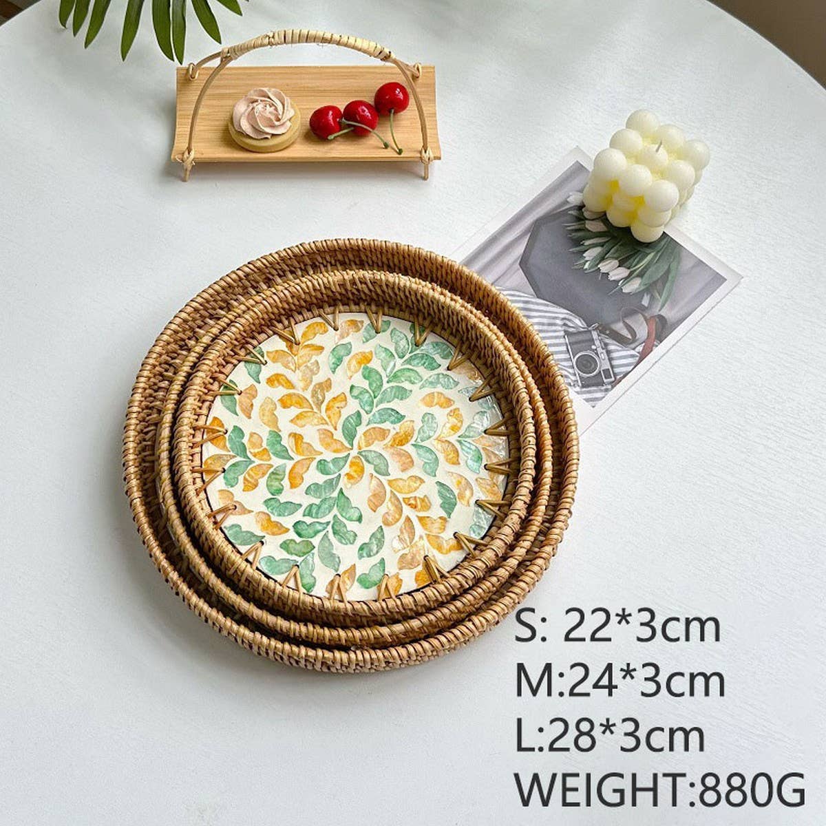 RATTAN COLORFUL SHELL FRUIT TRAY THREE-PIECE SET_CWMM4428