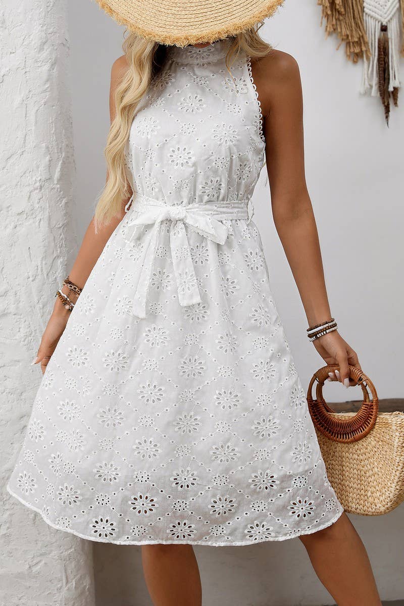 CWDSD8204_EMBROIDERED HIGH WAIST ELEGANT WAIST HALTER DRESS