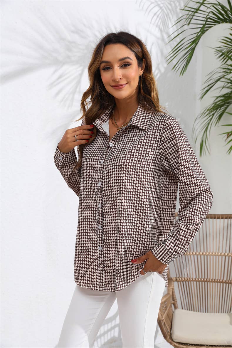 Lapel checked loose casual long-sleeved shirt