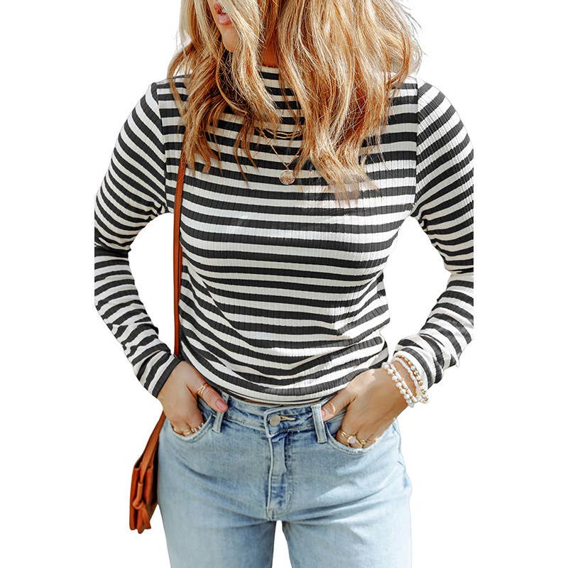 Semi-turtleneck striped pullover sweater for women