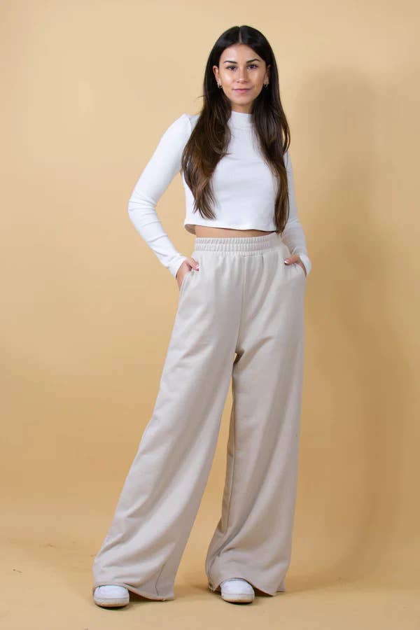 Simple stretched-waist straight-leg casual pants