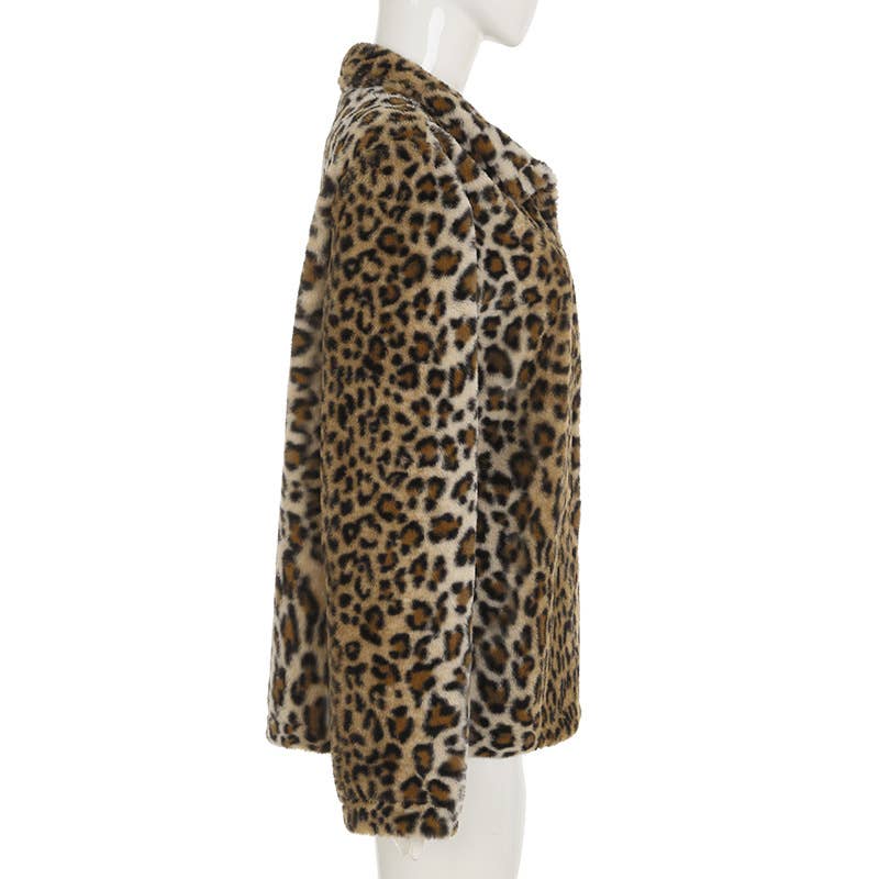 LEOPARD PRINT FUR LAPEL BAGGY VINTAGE ZIP HOODIE