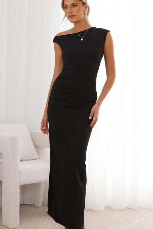 CWDMD5581_SLEEVELESS BACK SLIT RUCHED BODYCON DRESS