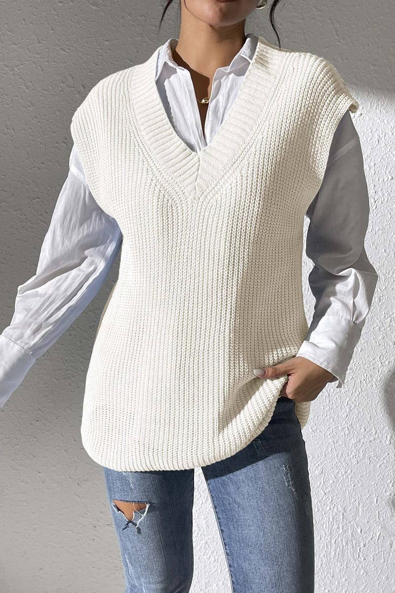 CWOSWL07396_)WOMEN V NECK KNIT SWEATER VEST TOP