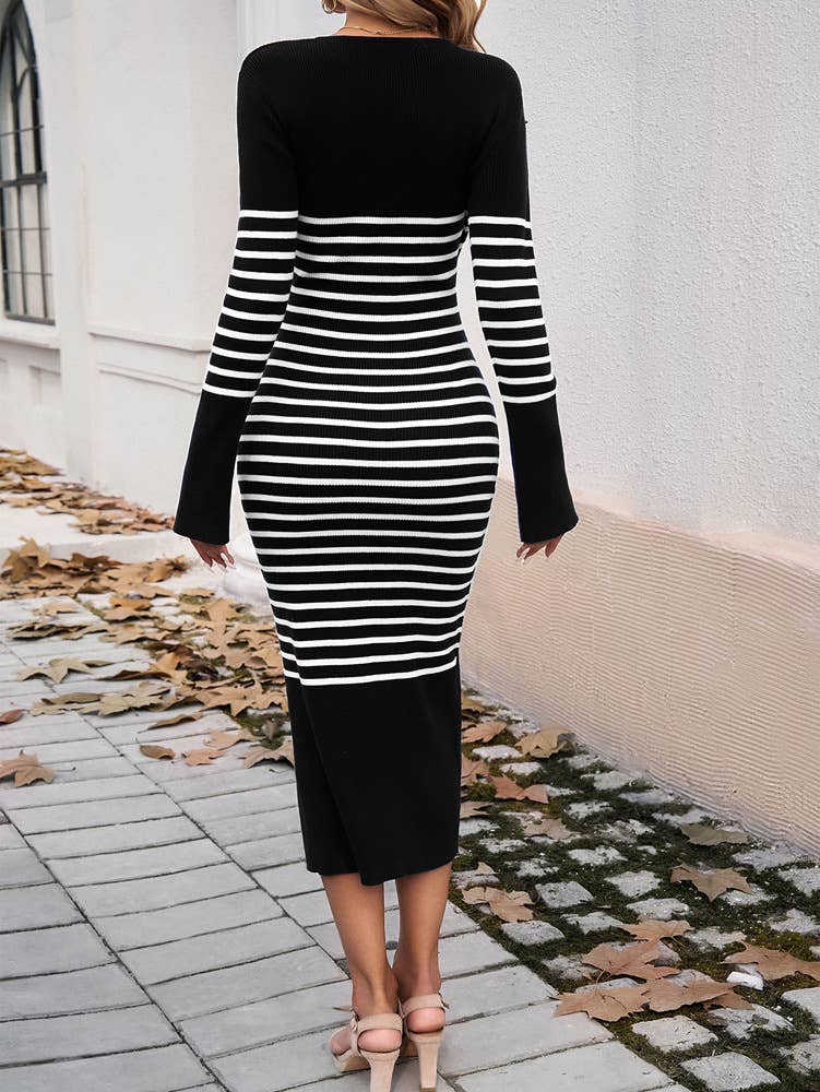 SLIM-FIT V-NECK STRIPED SWEATER DRESS