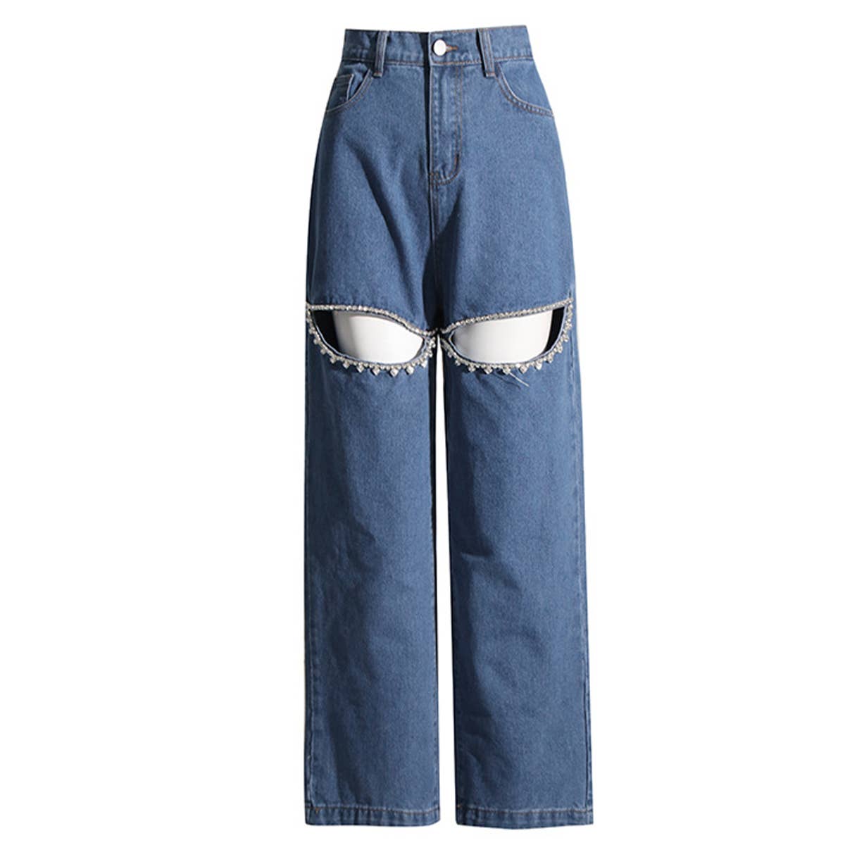 MID RISE STRAIGHT HOLLOW DIAMOND STUDDED JEANS