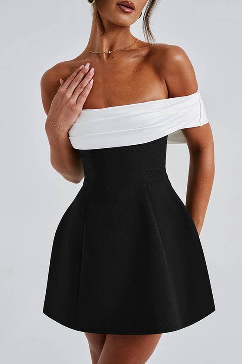 CWDTD0396_TEMPERAMENT SLIM OFFSHOULDER CONTRAST COLOR DRESS