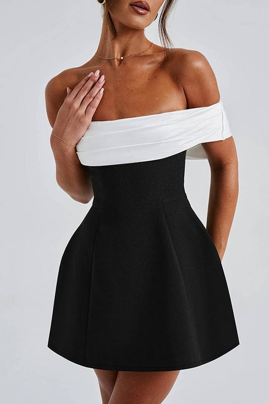 CWDTD0396_TEMPERAMENT SLIM OFFSHOULDER CONTRAST COLOR DRESS