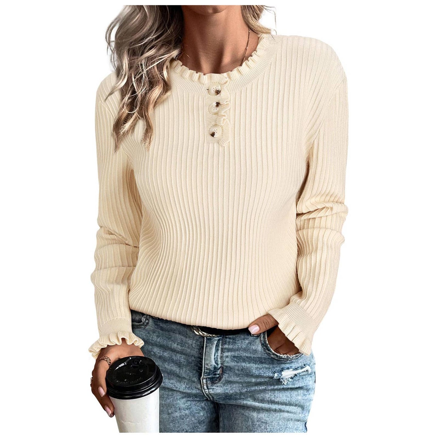 ROUND NECK WOODEN EAR NECK WOMEN'S KNITTED TOP