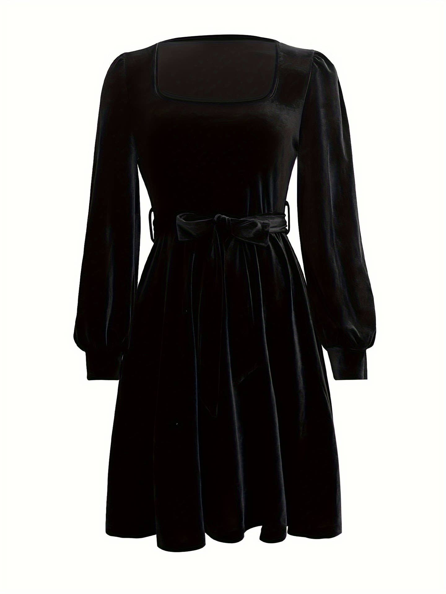 VELVET SQUARE COLLAR WAIST LONG SLEEVE DRESS
