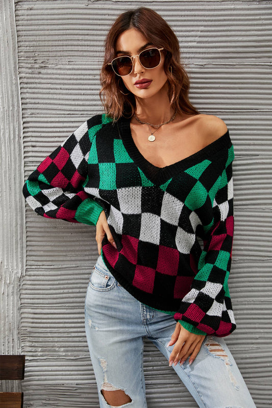 V-NECK PLAID PLUS-SIZE SWEATER PULLOVER