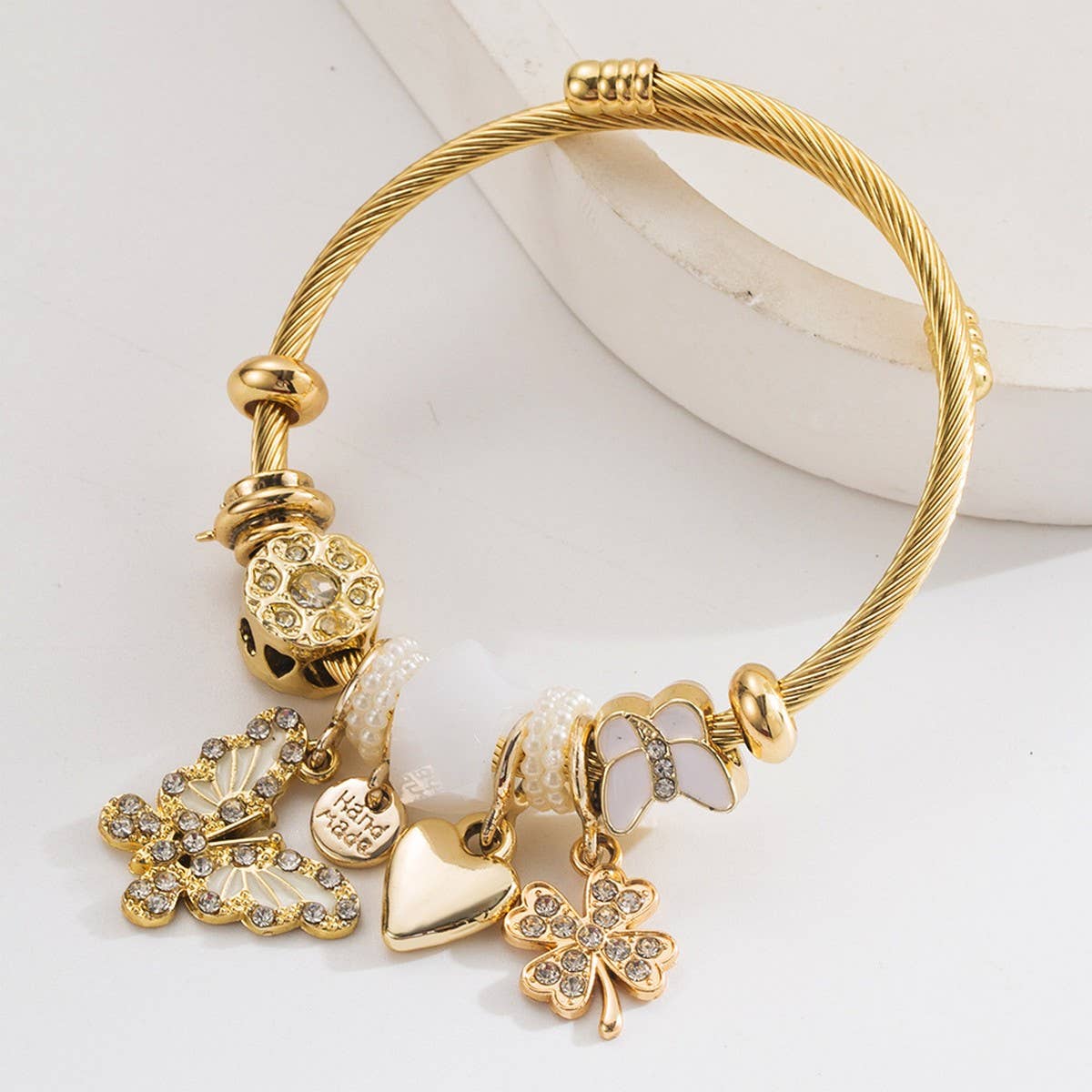 Adjustable Steel Bracelet with Butterfly & Clover_CWMM8600