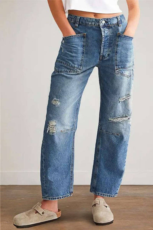 CWJP0591_VINTAGE RIPPED PATCHWORK STRAIGHT LEG DENIM PANTS