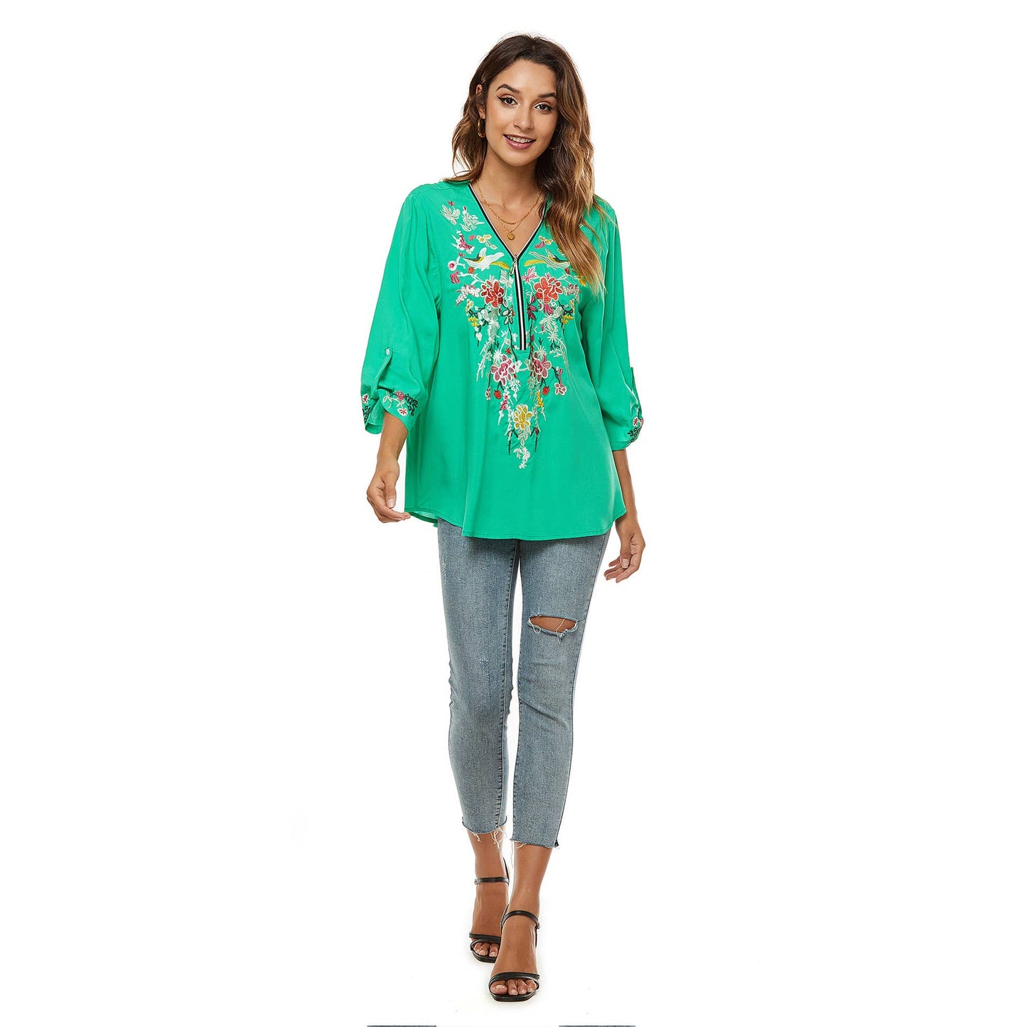 Embroidered shirt with three-quarter sleeves