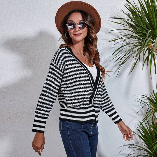 Striped V-neck long-sleeved cardigan sweater