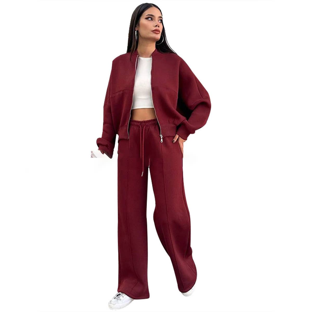 Two-piece set of zippered cardigan and trousers
