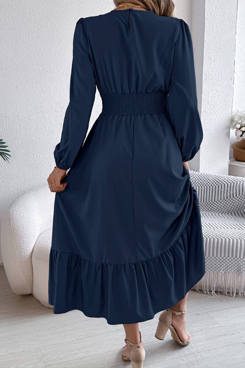 CWDMD6024_SOLID ELEGANT RUFFLE WAIST PLEATED MAXI DRESS