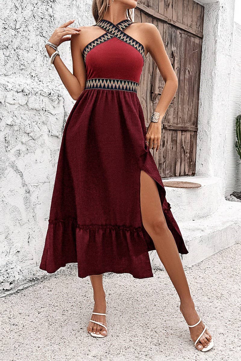 CWDTD0413_HIGH WAIST HALTER NECK CONTRAST COLOR SLIT DRESS