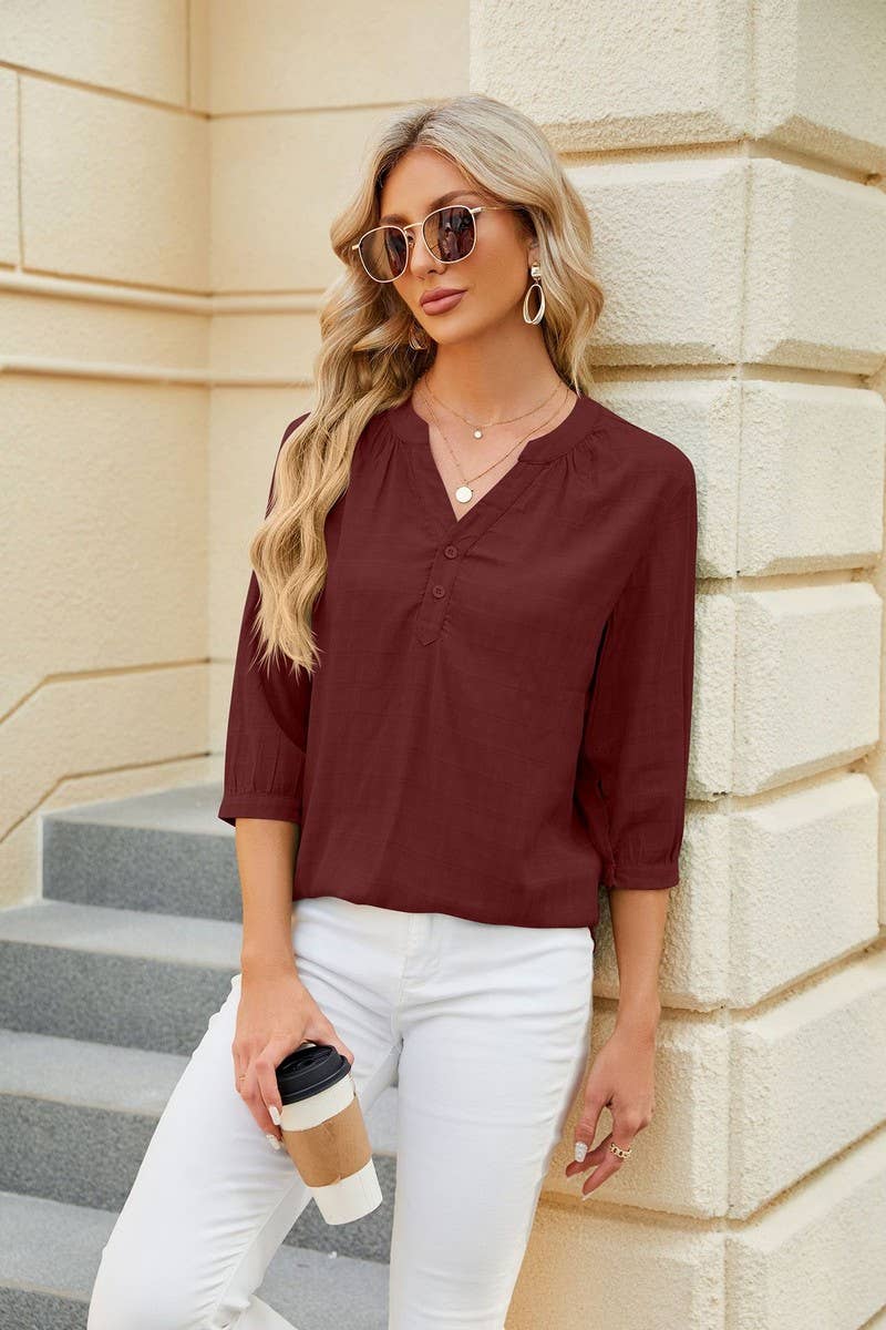 V NECK BUTTON UP T SHIRT_CWTSTS0283