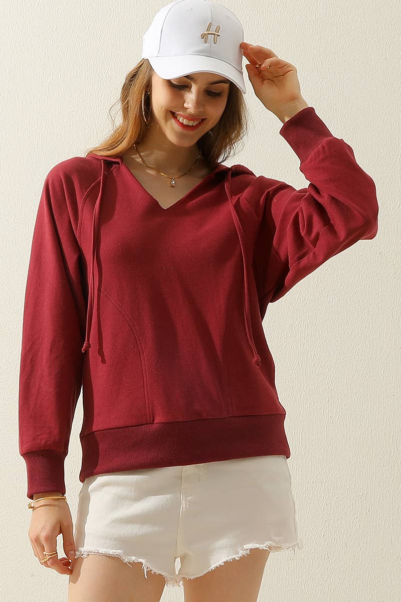 CWOHOL446_V NECK COTTON HOOIDE SWEATSHIRT CASUAL TOP