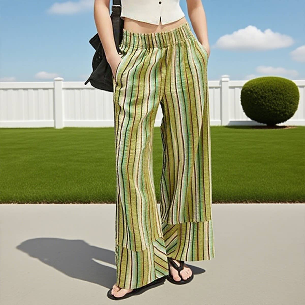 Loose,casual high-waisted striped wide-leg pants