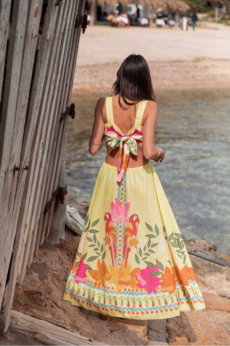 CWDMD6483_POSITIONING PRINT WAIST-BARING TIE-WAIST DRESS