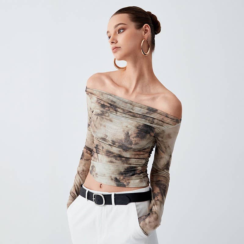Tie-dyed retro printed pleated one-shoulder top