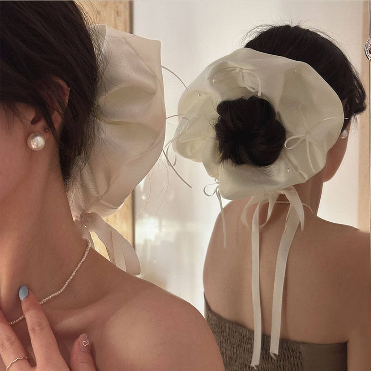 Blue Satin Bow Pearl Scrunchie with Long Tails_CWAHA5501