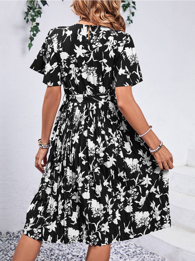 SUMMER CREW-NECK SHORT-SLEEVED PRINTED DRESS