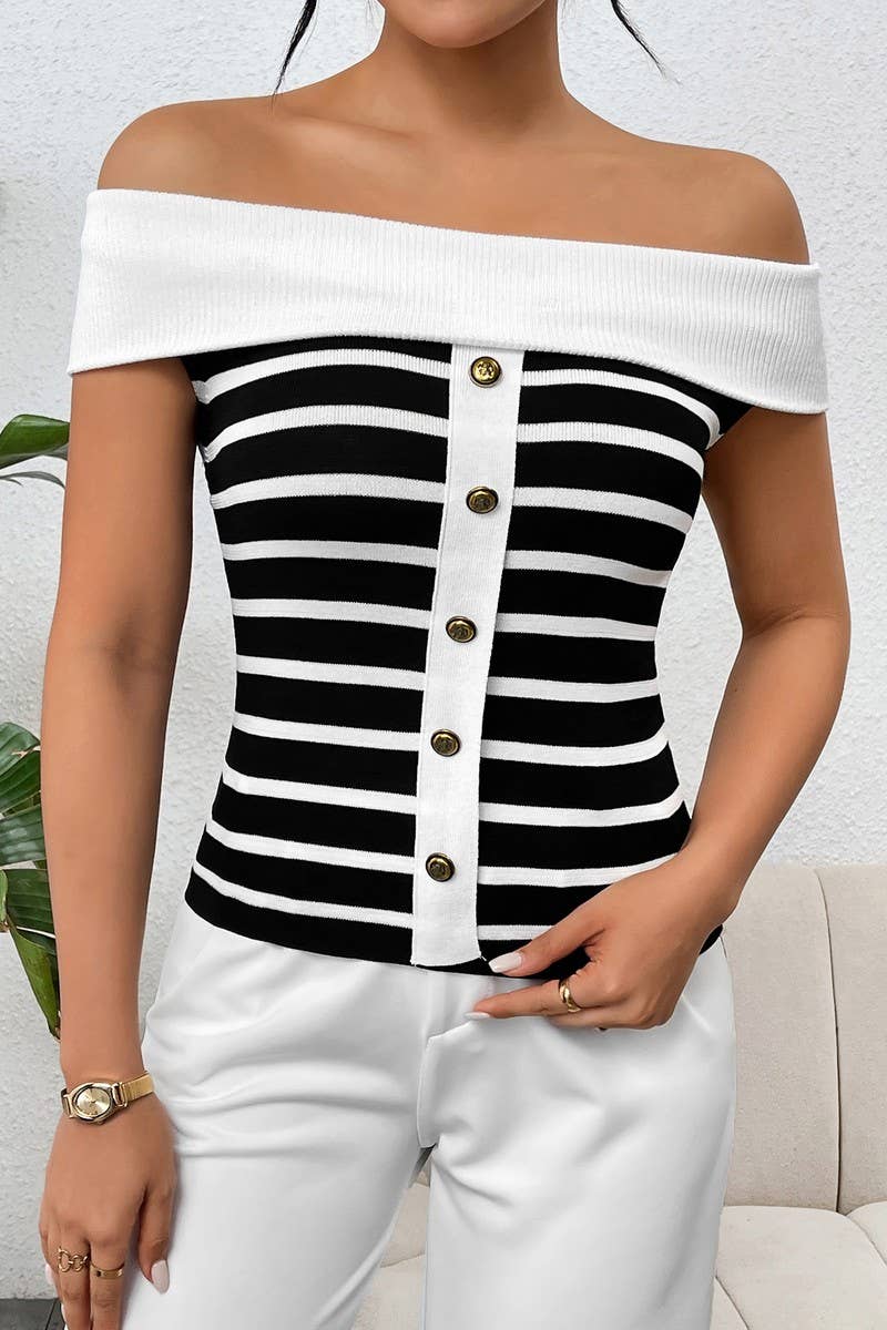 STRIPED OFF THE SHOULDER LINE NECK SWEATER_CWOSWS0056