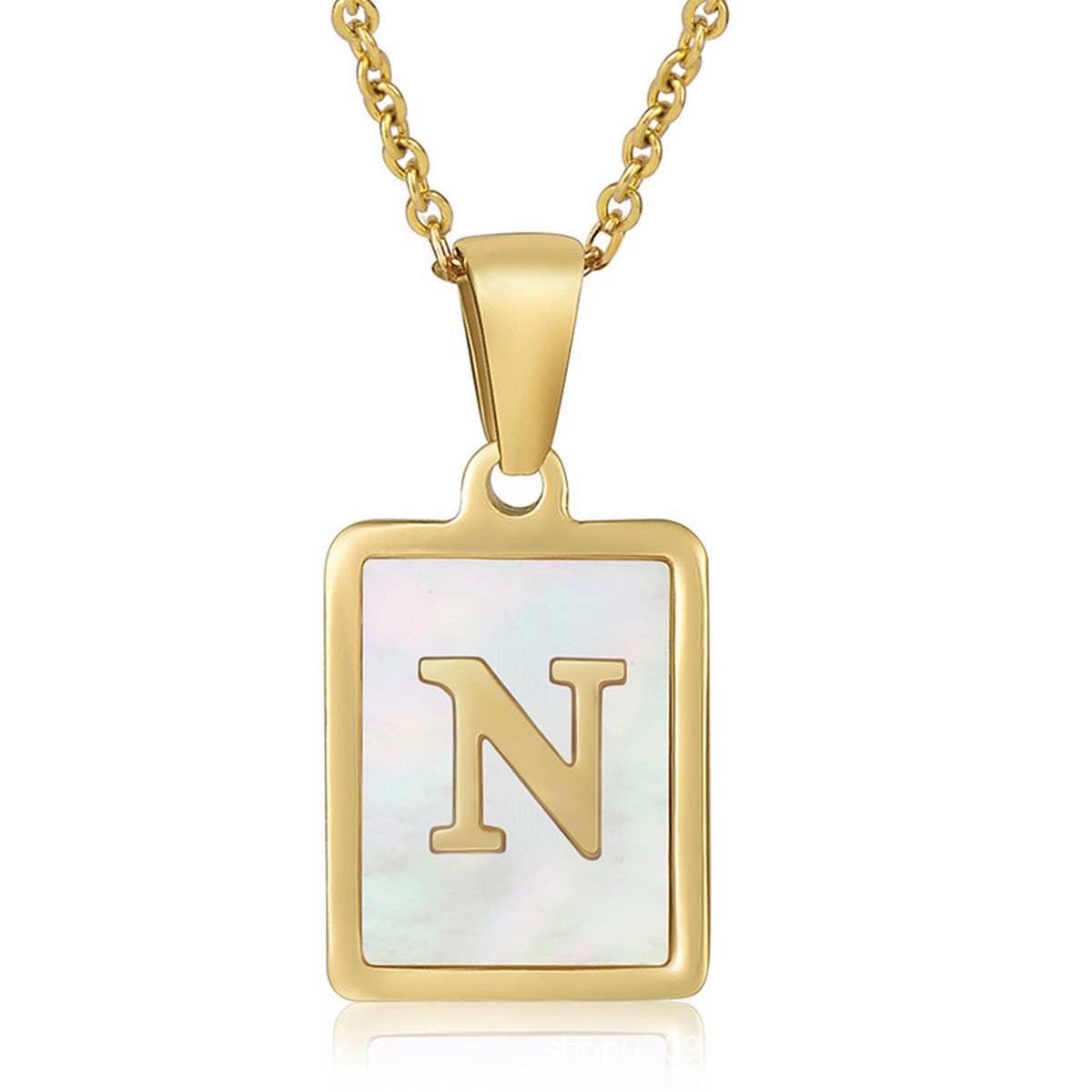 CWAJE1917_Square Stainless Steel White Shell Letter Necklace