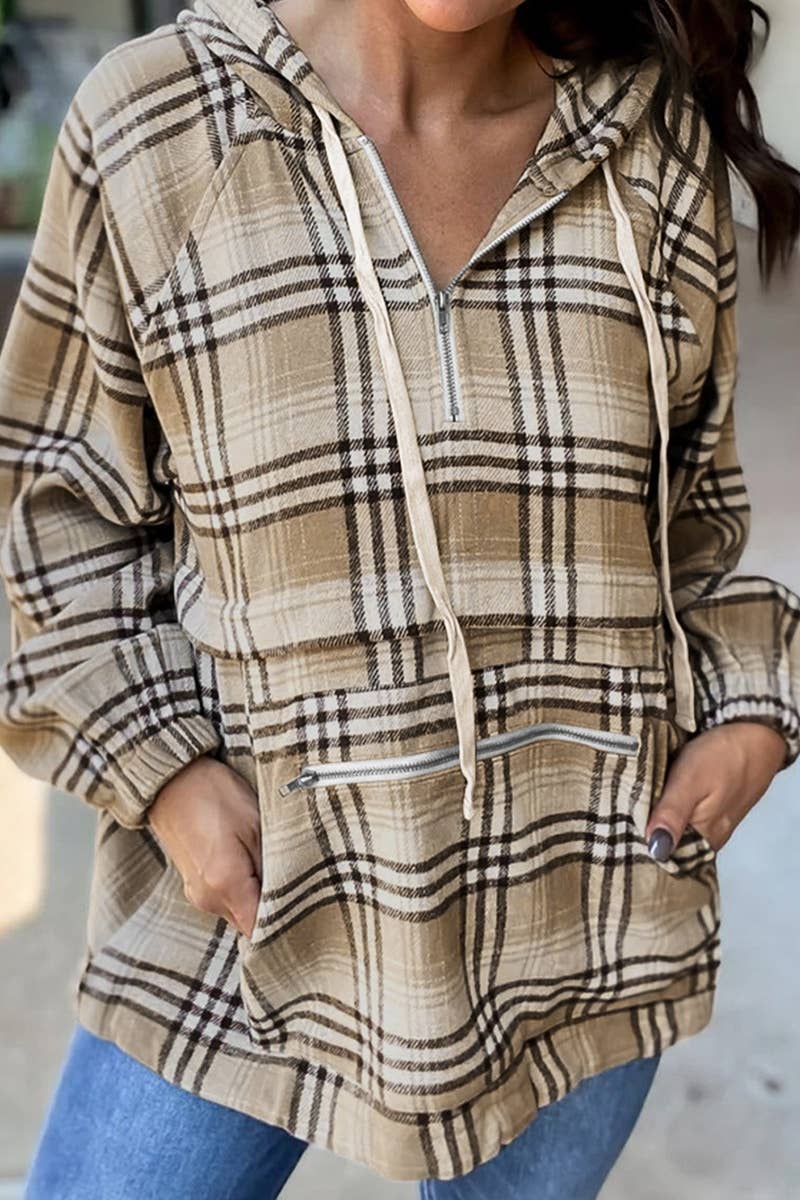 CWOHOL1043_HOODED PLAID POCKET LONG-SLEEVED HOODIE