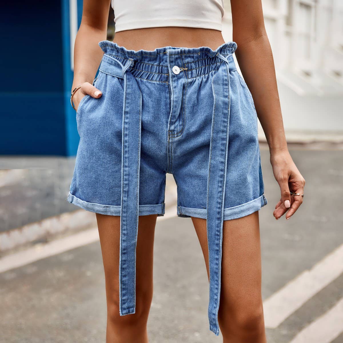HIGH WAISTE BOW TIE DENIM SHORTS WITH ELASTIC WAIST