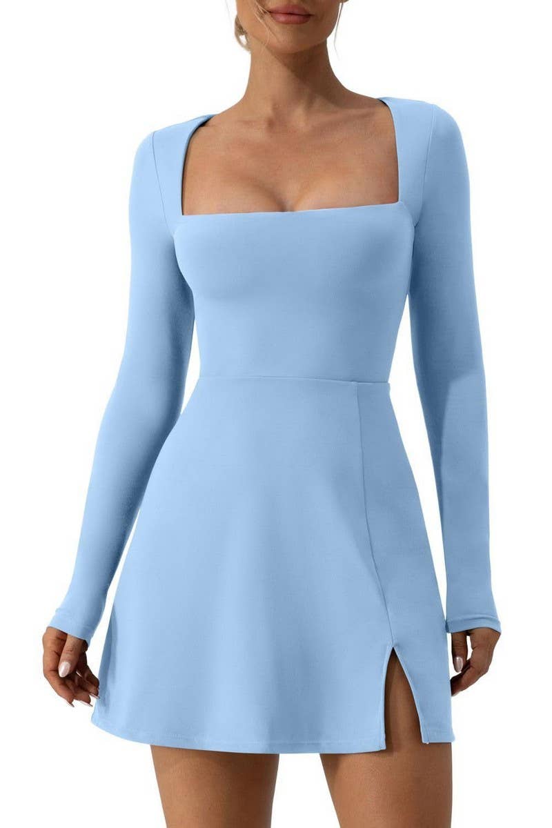 CWDSD8464_SQUARE NECK CORSET SLEEVE SLIT FLARE MINI DRESS