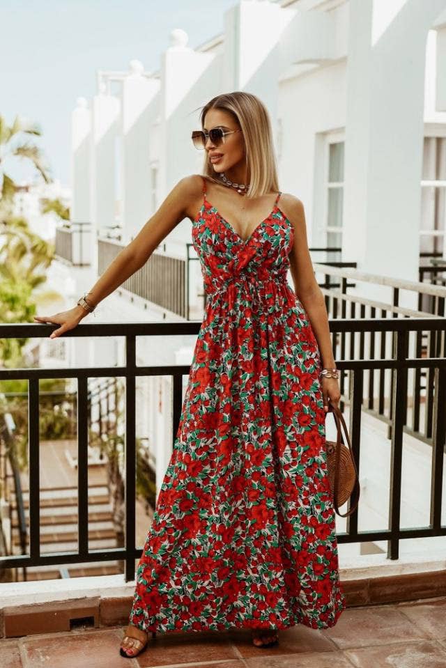 V-neck sleeveless halter print boho long dress