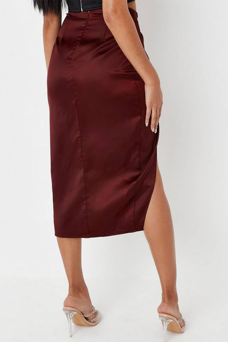 HIGH WAIST KNOT IRREGULAR SATIN SLIT SKIRT_CWBMS0089