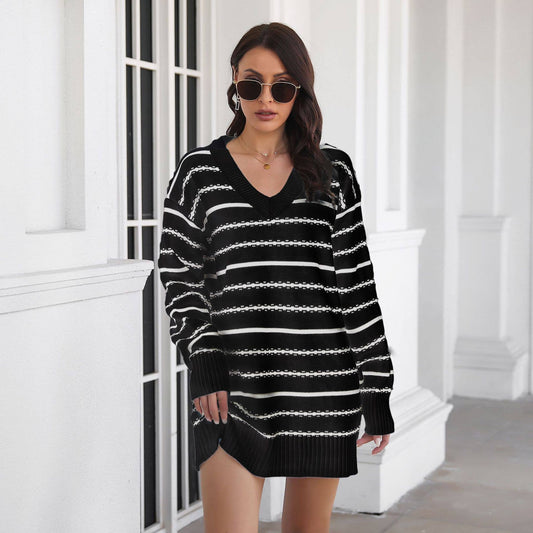 CWDSD6450_STRIPED V-NECK LONG SLEEVE SWEATER DRESS SHORT