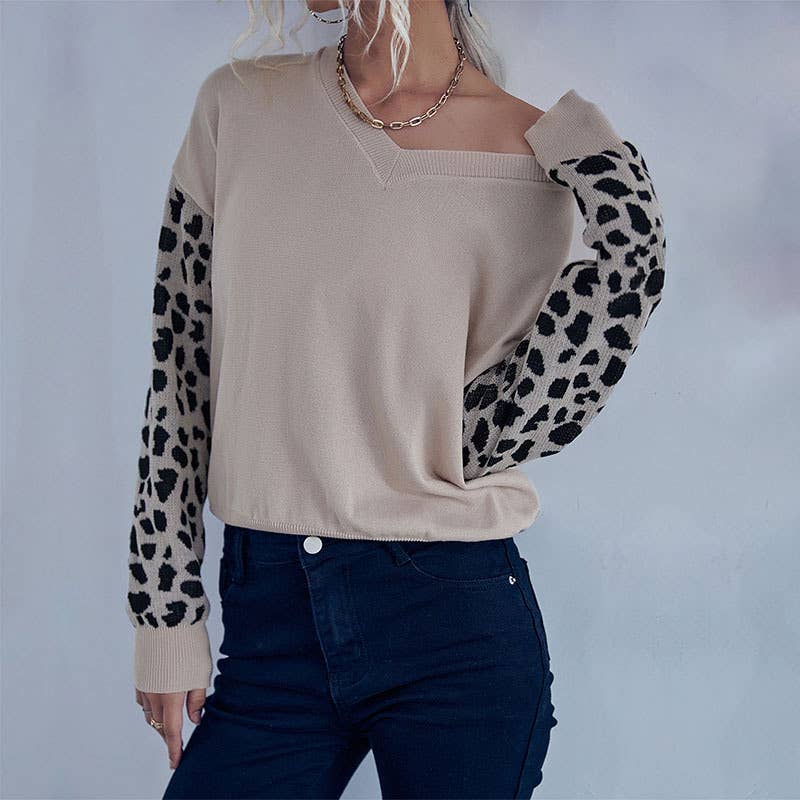 V-NECK KNIT PULLOVER WITH LEOPARD SPLICING PRIMER