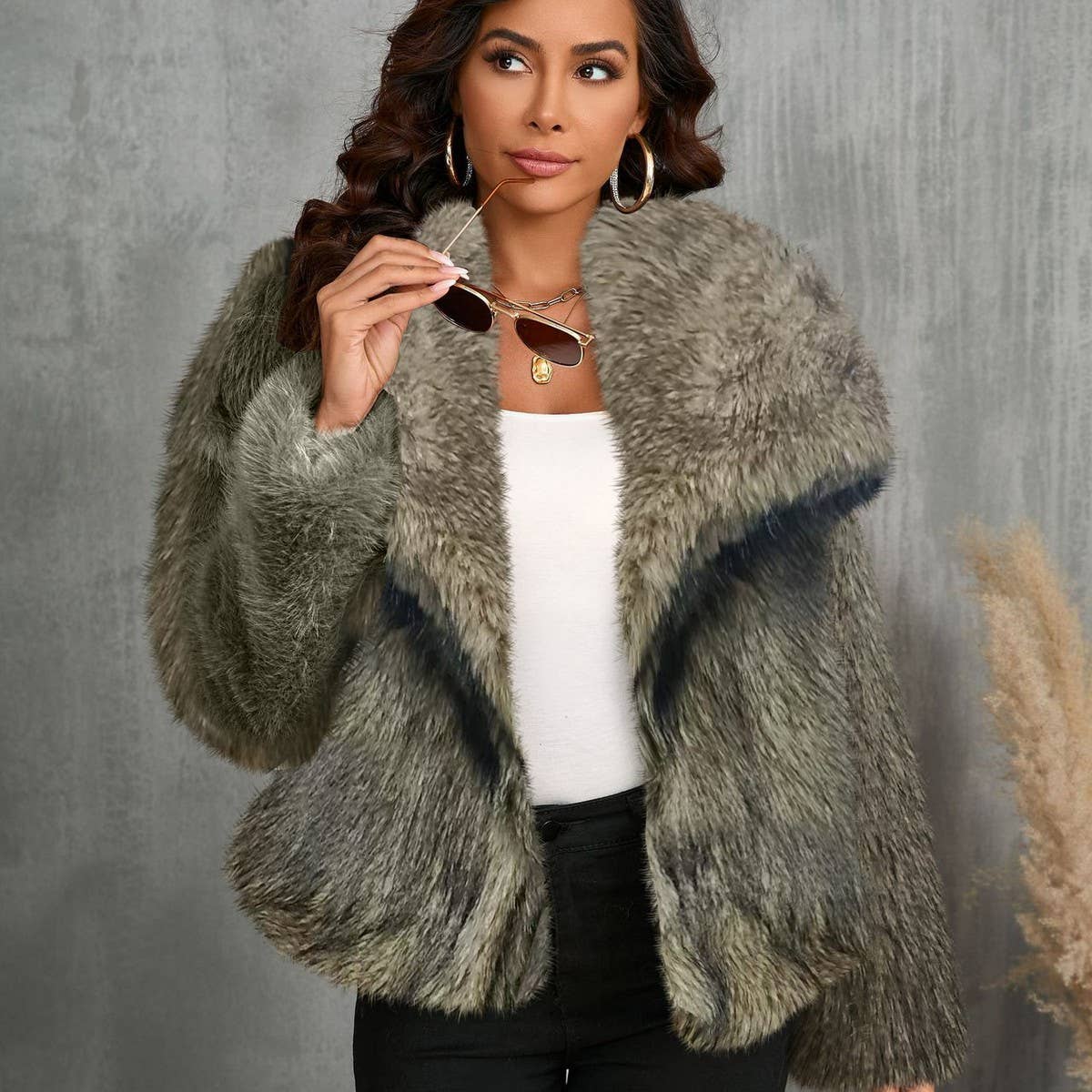 Faux Fox Fur Short Coat with Large Collar