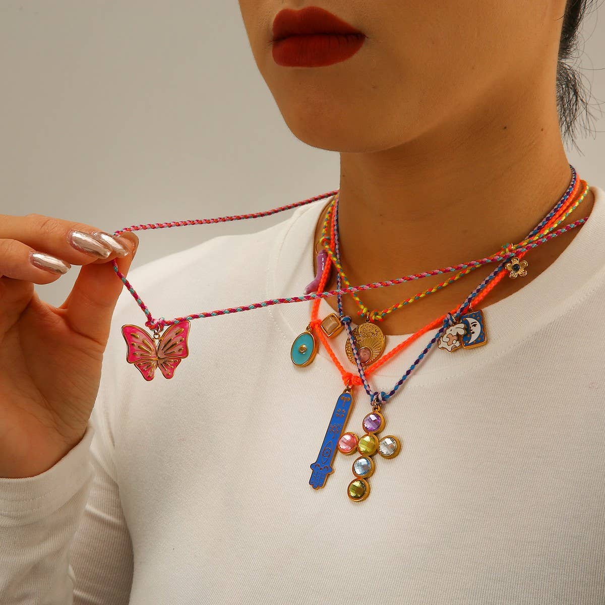 Colorful Rope Necklace with Butterfly Charm