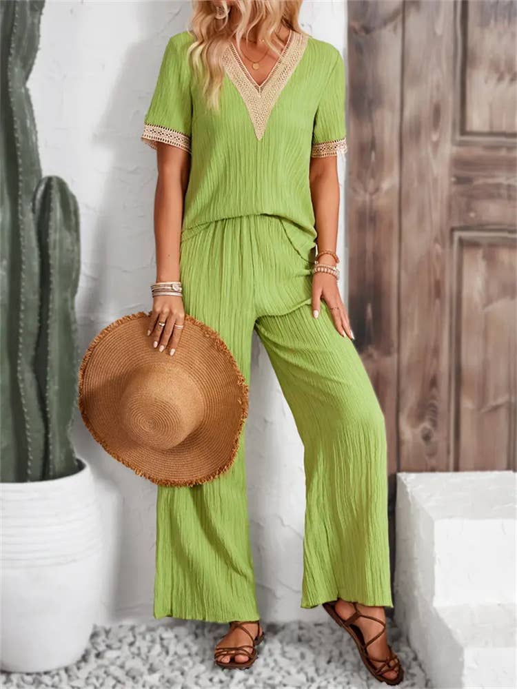 Lace lace V-neck top straight-leg two-piece