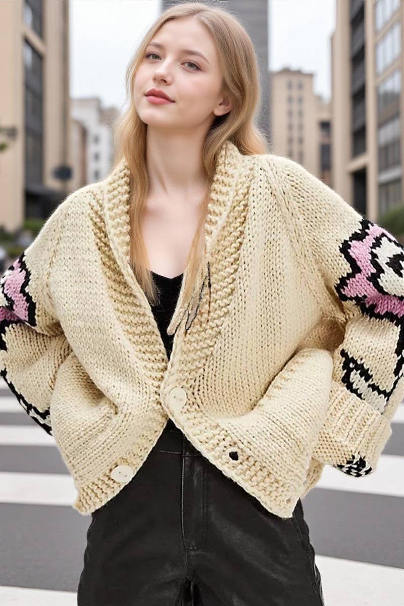 CWOSWL07745_2025 STREET PRINT COLLARED KNIT CARDIGAN SWEATER